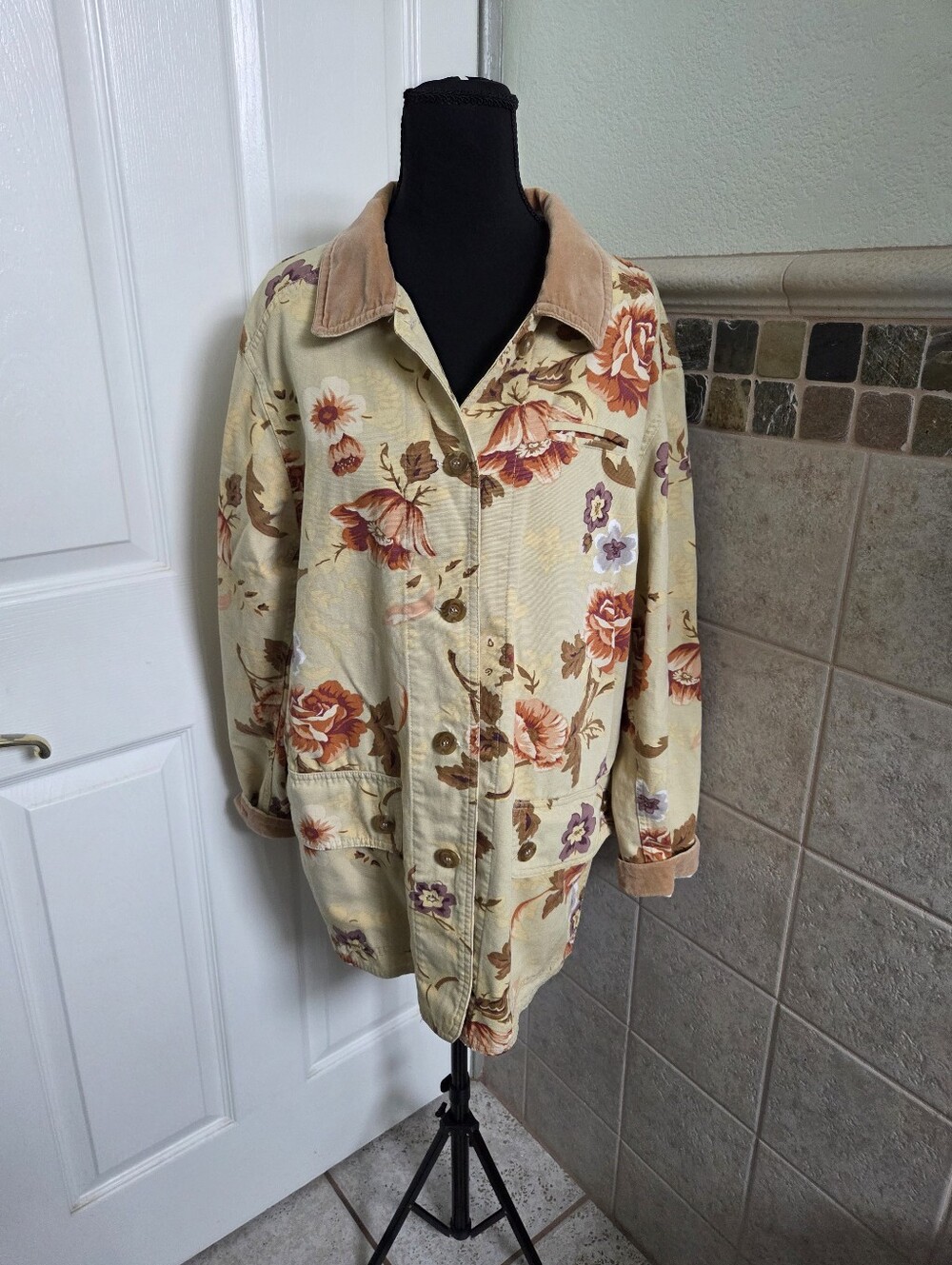 Coldwater Creek Floral Cotton Velvet Trim Chore Barn Garden Cottage Jacket Large